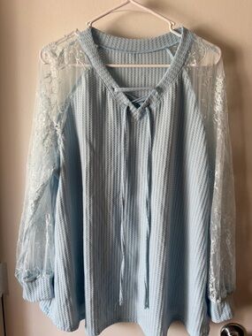 Light Blue Lace Sleeve Waffle Knit Women's Top